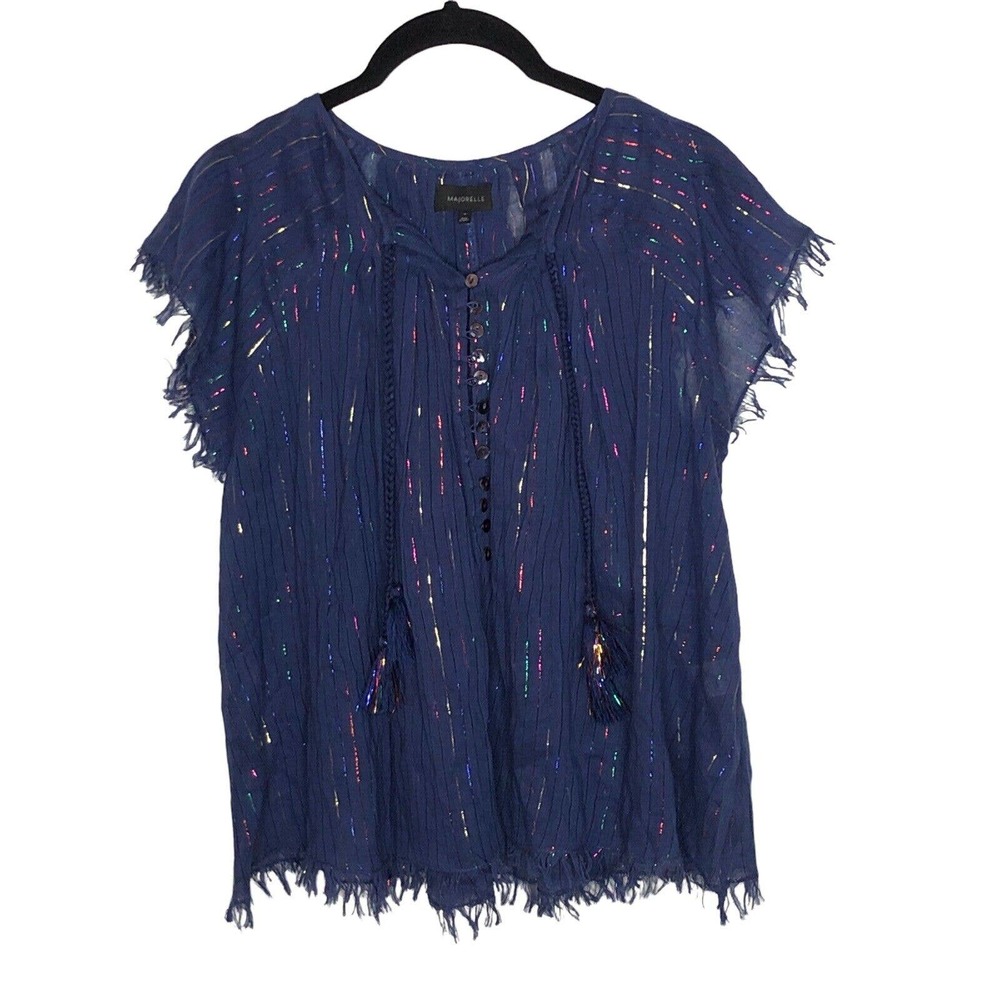NEW Majorelle Womens Sheer Blue Metallic Stripe Blouse Size XS Fringe Hem